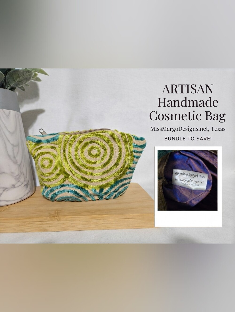 Miss Margo Designs - Handmade (Texas) Green & Teal Artisan Cosmetic Bag